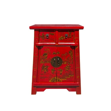 Chinese Rustic Bright Red Golden Graphic End Table Nightstand cs7335E 