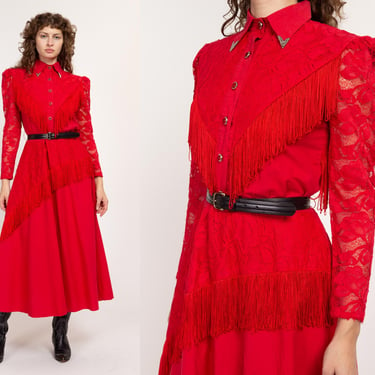 Small 80s Lilia Smitty Red Lace & Fringe Western Dress | Vintage Rockabilly Cowgirl Maxi Dress 