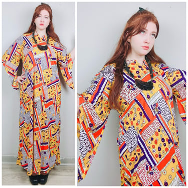 1970s Vintage Acetate Yellow and Purple Floral Print Maxi Dress / 70s / Seventies Bell Sleeve Flower Power Caftan / Large 