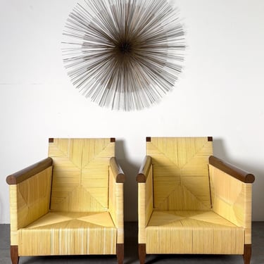 Pair Vintage Coastal John Hutton for Donghia Merbau Woven Rattan Wicker Lounge Chairs Organic Modern 1990s 