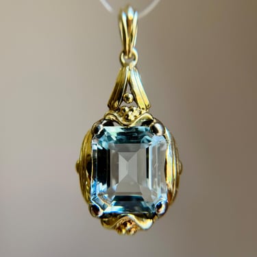 14K Gold Emerald Cut Aquamarine Pendant Retro Art Deco Antique Estate 4.4g 