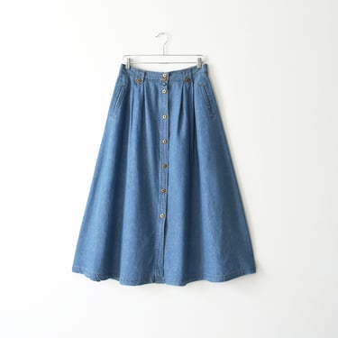 vintage full denim midi skirt, 90s button front jean skirt 