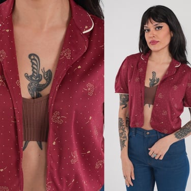70s Cropped Shirt Burgundy Floral Blouse Open Front Crop Top Bohemian Short Puff Sleeve Summer Hippie Flower Print Vintage 1970s Small 