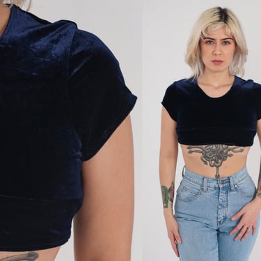 Velvet Crop Top Y2K Navy Blue Cropped Shirt Short Sleeve Blouse Simple Sexy Party Rave Going Out Festival Stretchy Vintage 00s Small XS S 