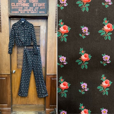 Vintage 1960’s Black Background Floral Cotton Two Piece Mod Glam Outfit, Jacket & Pants, 1960’s, 2 Piece, Matching Set, Pant Suit, Floral 