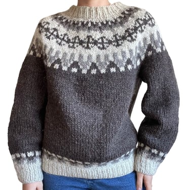 Vintage Womens Hand Knit Icelandic Fair Isle Wool Brown Nordic Chunky Sweater L 