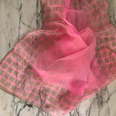 60s sheer chiffon scarf / vintage bubblegum pink + camel houndstooth neck bandanna scarf 