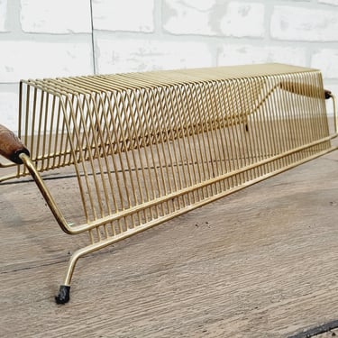 Mid Century MCM Brass Wire Record Holder with Wood Handles 