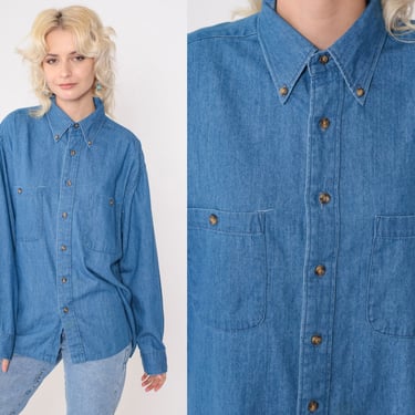 90s Denim Shirt Blue Jean Button Up Blue Grunge Long Sleeve Boyfriend Shirt Chambray Chest Pocket Cotton Vintage 1990s Men's 16 1/2 32 33 