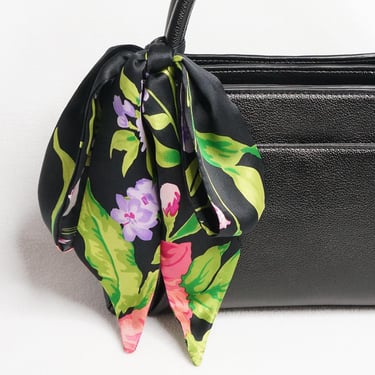 Black Silk Handbag Bow Purse Charm Floral Print | Handbag Handle Wrap | Eco-Friendly Upcycled Vintage Silk Scarf | Skinny Scarf for Hair | 