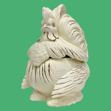 Vintage Cookie Jar Retro 1960s Colonial Farmhouse + Atlantic Mold + Rooster + White and Gold + Ceramic + Bird Kitchen + MCM Cookie Storage 