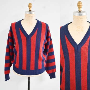 1990s Bugle Boy Red and Navy Striped Sweater 