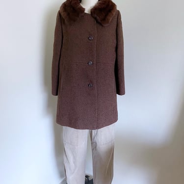 Vintage 60's Brown Wool Coat with Fur Collar 