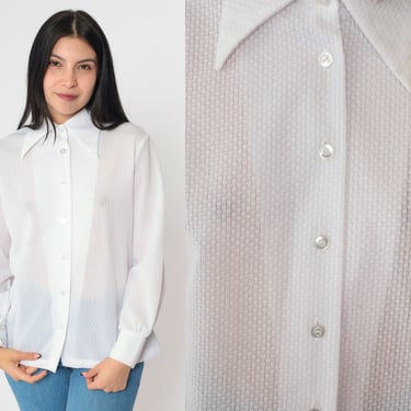 70s White Blouse Sheer Button Down Shirt Disco Collar Long Sleeve Vintage 1970s Textured Top Seventies Medium Large 