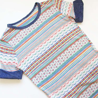 Vintage 70s Womens Stripe Jacquard Knit Shirt XS S - 1970s Colorful Rainbow Geometric Cuffed T Shirt - Boho Hippie Style 