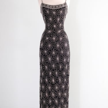 Showstopper 1990's Black & Silver Beaded Evening Gown by Papell Boutique / M