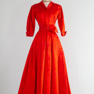 Spectacular 1950's Persimmon Red Silk Hostess Dress with Butterflies / SM