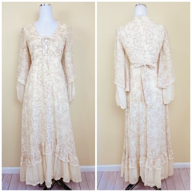 1970s Vintage Arjon California Magical Prairie Dress / 70s / Seventies Lace Trim Floral Corset Bust Prairie Dress / Size Small 