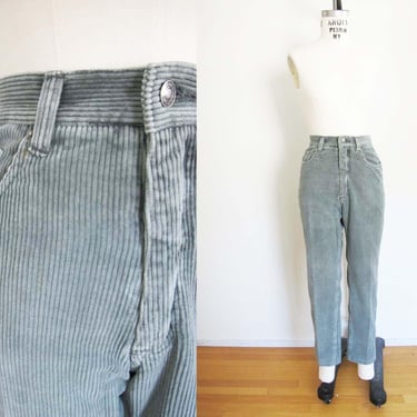 Vintage 90s High Waist Sage Gray Green Thick Corduroy Pants 26 Tapered Leg Wide Wale 