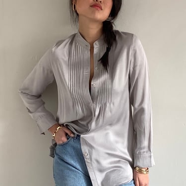 90s silk charmeuse blouse / vintage dove gray silk charmeuse pin tuck mandarin collar long blouse tunic | Medium 