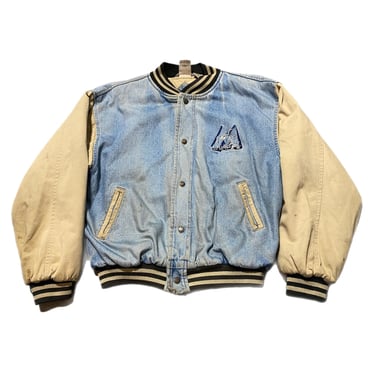 (L) Blue/Tan Mickey Mouse Denim Varsity Jacket 071522RK