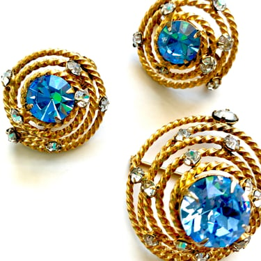 Vintage Frierich 60s 80s Large Rhinestone Stud Earrings Pin Brooch Set 