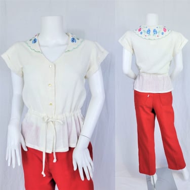 1970's Emboridered Cinch Waist Ivory Gauze Blouse I Top I Shirt I Sz Med 