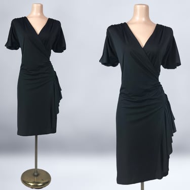 VINTAGE 80s Black Draped Hip Swag Wrap Dress By Rimini Size 8 | 1980s Does 40s Flutter Sleeve Dress | VFG 