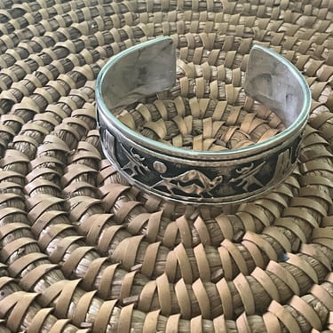 Native American Silver Cuff Bangle with relief pattern design 