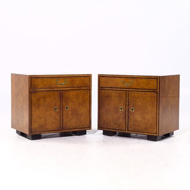 John Widdicomb Campaign Mid Century Burlwood and Brass Nightstands - Pair - mcm 