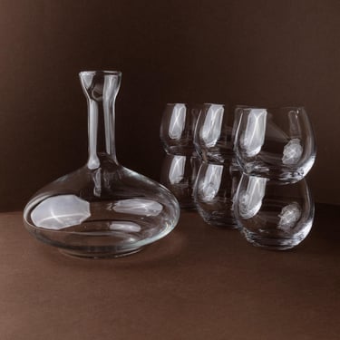 Vintage set of drinking glasses and decanter - 6 round wine glasses and carafe, clear glass - timeless design Italy 80s - table decoration elegant, gift 