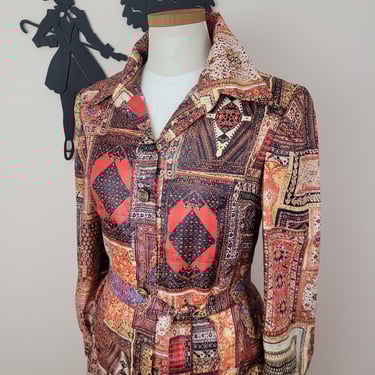 Vintage 1970's Shift Dress / 70s Carpet Photo Print Dress M 