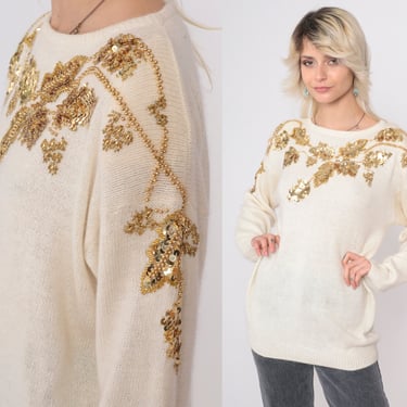 Cream Sequin Sweater 80s Beaded Silk Angora Wool Sweater Gold Leaf Slouchy Pullover Jumper Sweater 90s Vintage Party Holiday Sweater Medium 