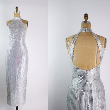 70s Silver Sequined Beaded Maxi Dress / Prom Dress / Party Dress / Silver Vintage Dress / Disco Dress / Size S/M 