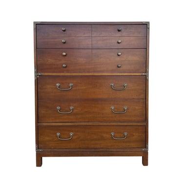 Campaign Tallboy Dresser by Drexel Barbados Collection - 1960s Vintage Walnut Wood Chest of 5 Drawers Mid Century Modern MCM Furniture 