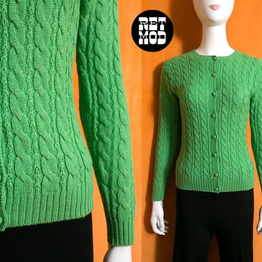 Cute Vintage 60s 70s Apple Green Cable Knit Cardigan Sweater 