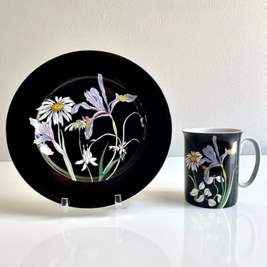 Block Spal, Daisy and Iris on Black by Mary Lou Goertzen, Wildflowers Watercolors Plate and Mug Set - Breakfast or Brunch set, Yellow Purple 
