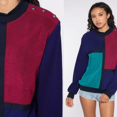 Color Block Sweatshirt 80s Sweater Crewneck Purple Turquoise Retro Slouchy Pullover Sweat Shirt Vintage Medium 