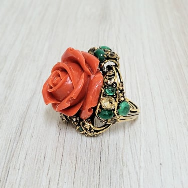 Iradj Moini Carved Coral Emerald and Citrine Ring - Size 6 - Vintage Jewelry 