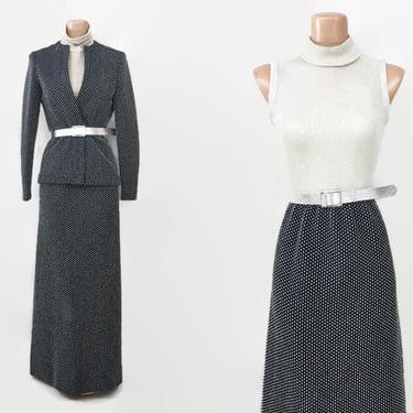 VINTAGE 70s Silver Metallic Lurex and Navy Blue Knit Maxi Dress and Jacket Set | 1970s Hostess Gown, Jacket, Belt Outfit | Long Dress vfg 