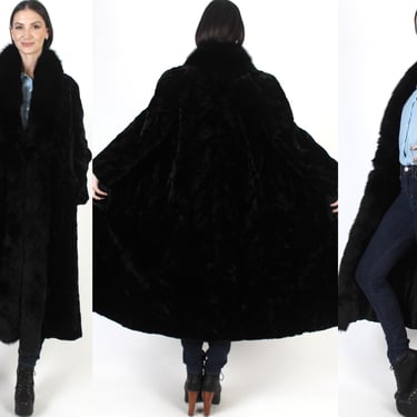 Full Length Black Fox Coat, Soft Sheared Real Fur, 70s Real Wedding Overcoat 