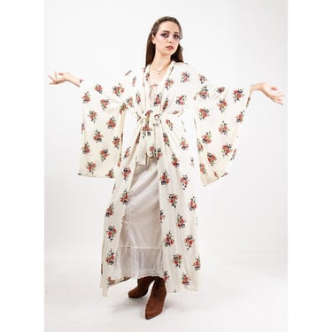 Vintage Kimono style wrap robe / Floral print slinky blend jersey dressing gown / Vintage duster 