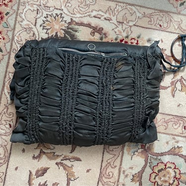Antique Victorian muff - hand warmer / ruched & ruffled black silk, gothic aesthetic, Halloween costume 