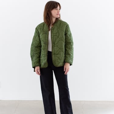 Vintage Green Liner Jacket | Unisex Wavy Quilted Nylon Coat | S M | LI186 