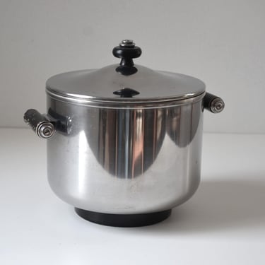 Vintage Art Deco Stainless Ice Bucket with Black Wooden Handles, by Thermos, 1940s-50s 