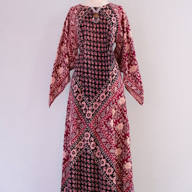 Epic 1970's Indian Patchwork Cotton Block Print Kaftan Dress  / Sz OSFM