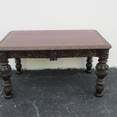 Gothic Mid 1800s Heavy Carved Large Executive Partner Writing Office Desk 5121