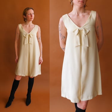 Vintage 60s Ivory Bow Dress/ 1950s Sleeveless A Line Dress/ Wedding Bridal/ Size Small 