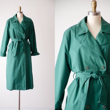 green trench coat | 80s 90s vintage London Fog forest green dark academia style belted jacket 