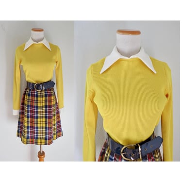 Vintage 60s Mod Dress - 1960s Yellow & Plaid Long Sleeve Collared Mini Dress - Size Small S 